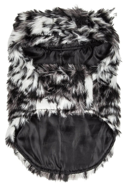Purrfect Pet Kingdom black and white faux fur coat premium pet apparel for dogs with soft lining