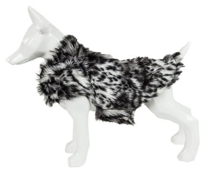 Black and white faux fur dog coat from Purrfect Pet Kingdom premium pet apparel for dogs