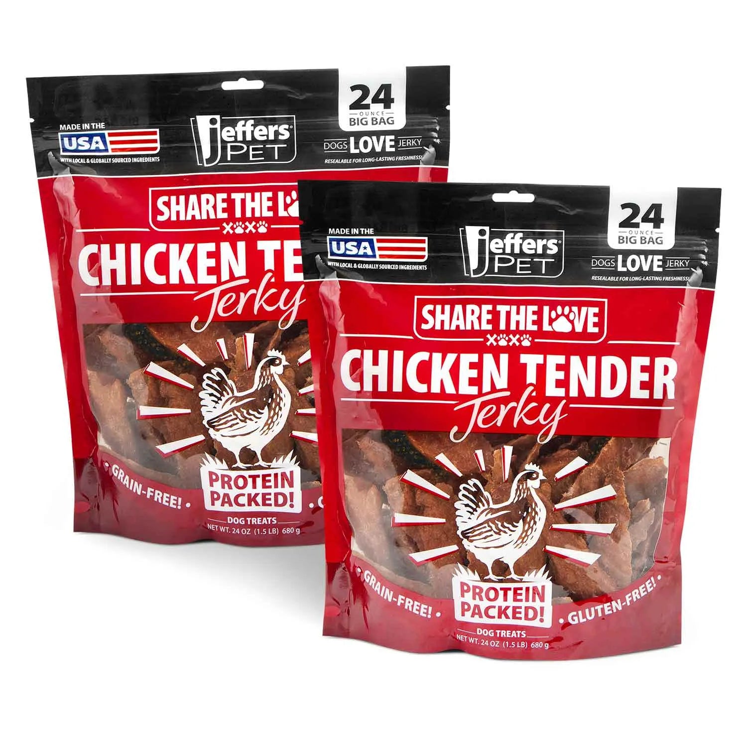 Premium USA Chicken Jerky Dog Treats by Jeffers, 24oz, grain-free, healthy dog treats in a vibrant packaging.