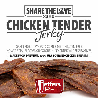 Premium USA Chicken Jerky Dog Treats by Jeffers, 24oz, grain-free, healthy dog treats in a vibrant packaging.