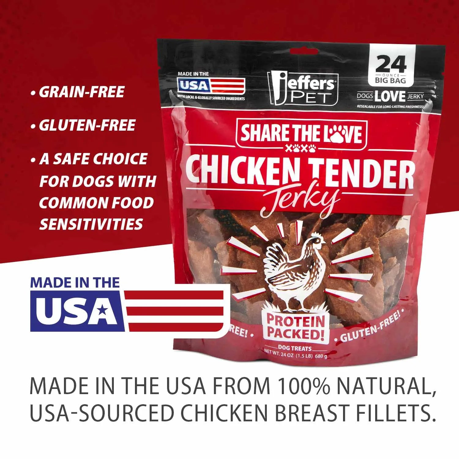 Premium USA Chicken Jerky Dog Treats by Jeffers, 24oz, grain-free, healthy dog treats in a vibrant packaging.