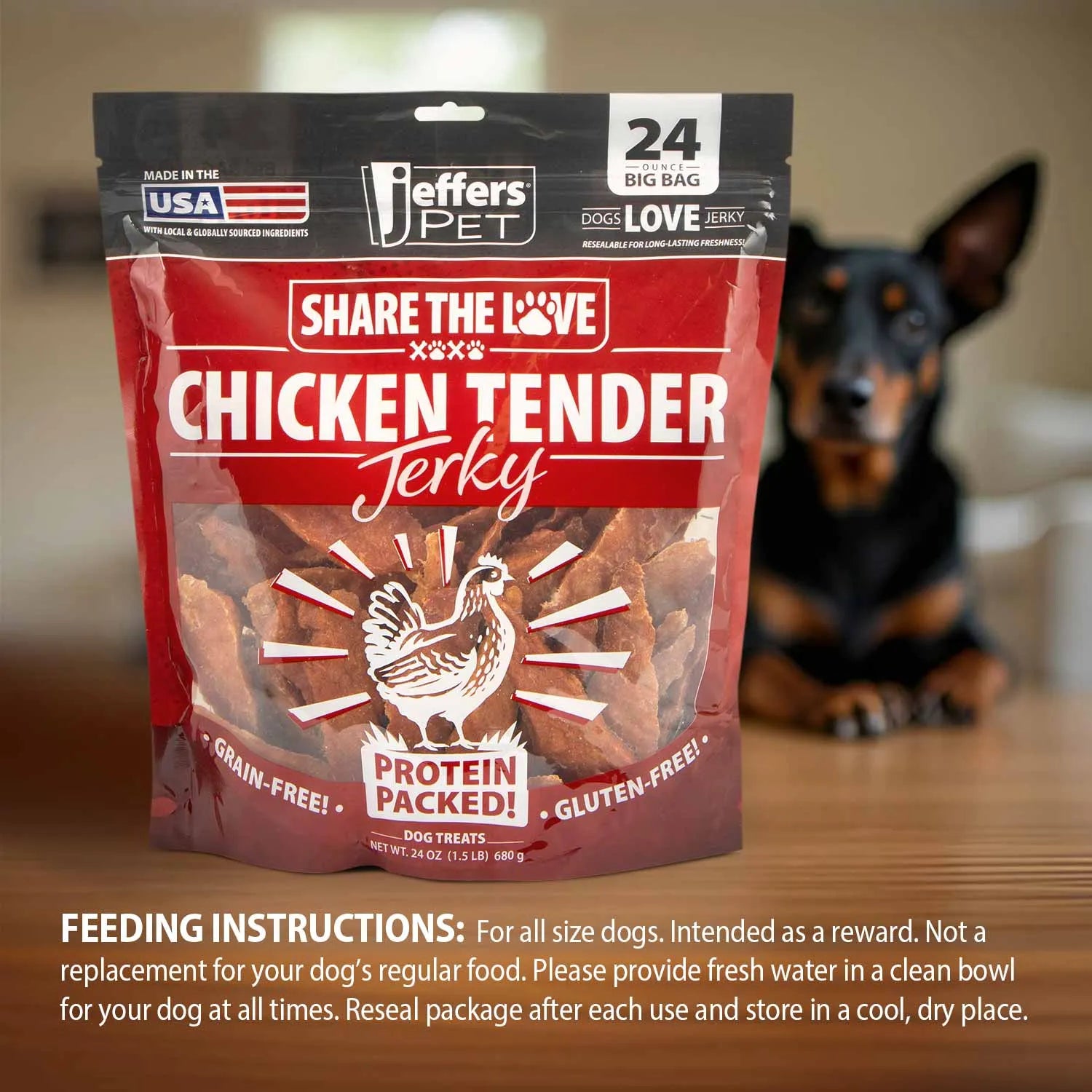 Premium USA Chicken Jerky Dog Treats by Jeffers, 24oz, grain-free, healthy dog treats in a vibrant packaging.