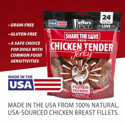 Premium USA Chicken Jerky Dog Treats by Jeffers, 24oz, grain-free, healthy dog treats in a vibrant packaging.