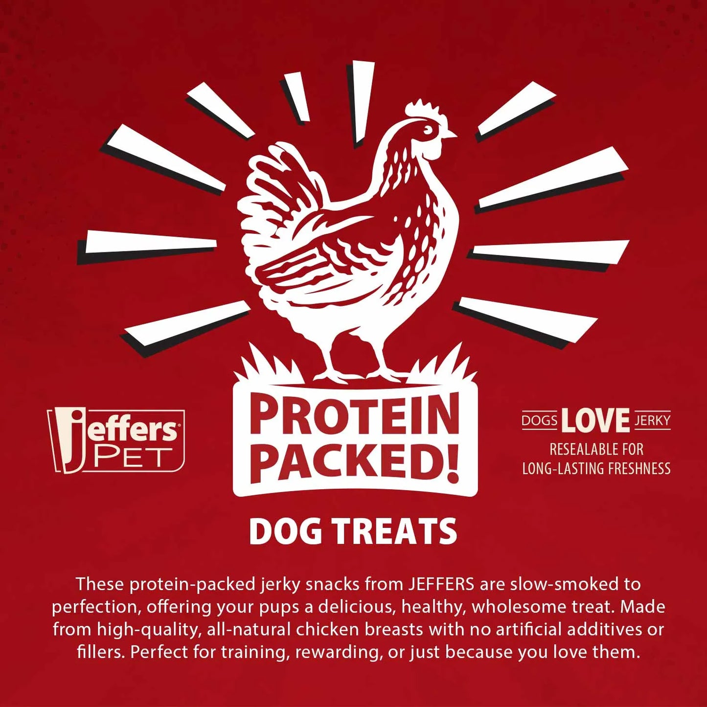 Premium USA Chicken Jerky Dog Treats by Jeffers, 24oz, grain-free, healthy dog treats in a vibrant packaging.