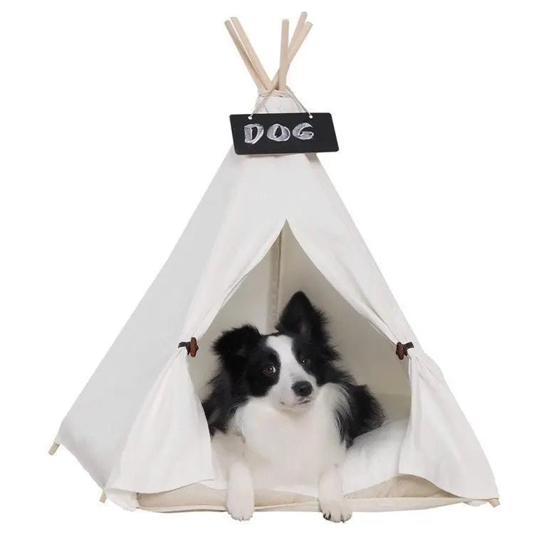Purrfect Pet Kingdom premium wooden pet hideaway teepee with black and white dog inside