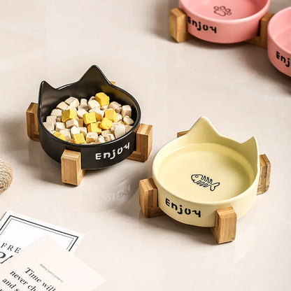 Premium Wooden Raised Cat Food and Water Bowl Set by Pet Zen in pink, featuring a double wooden frame design.