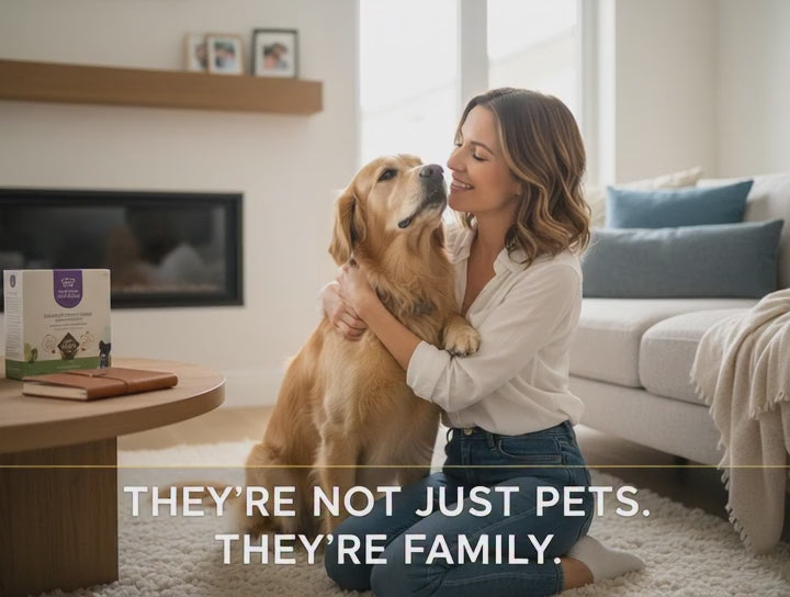 Load video: A woman relaxing on the living room floor beside a Golden Retriever, sharing a calm bonding moment