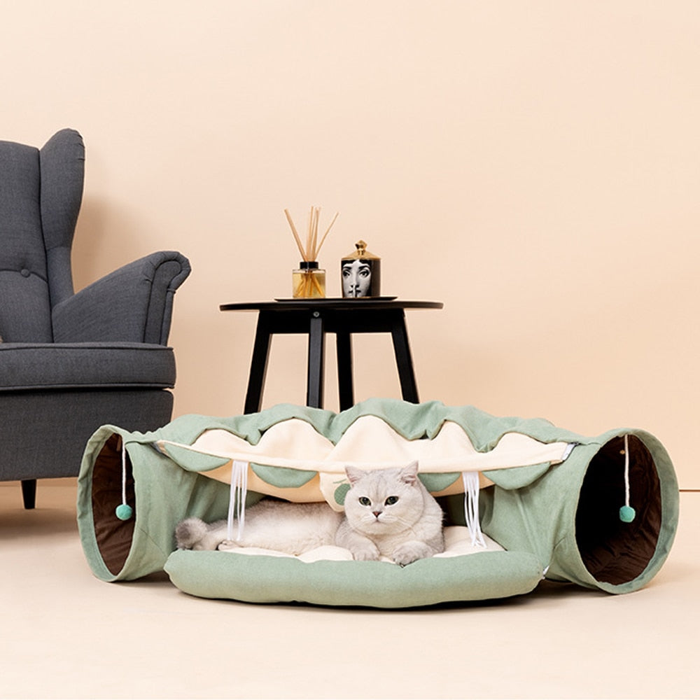 Collapsible Removable Cat Tunnel Tube With Cat Bed Set - Purrfect Pet Kingdom