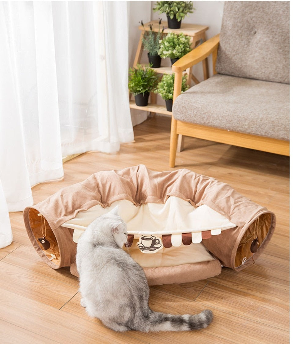 Collapsible Removable Cat Tunnel Tube With Cat Bed Set - Purrfect Pet Kingdom
