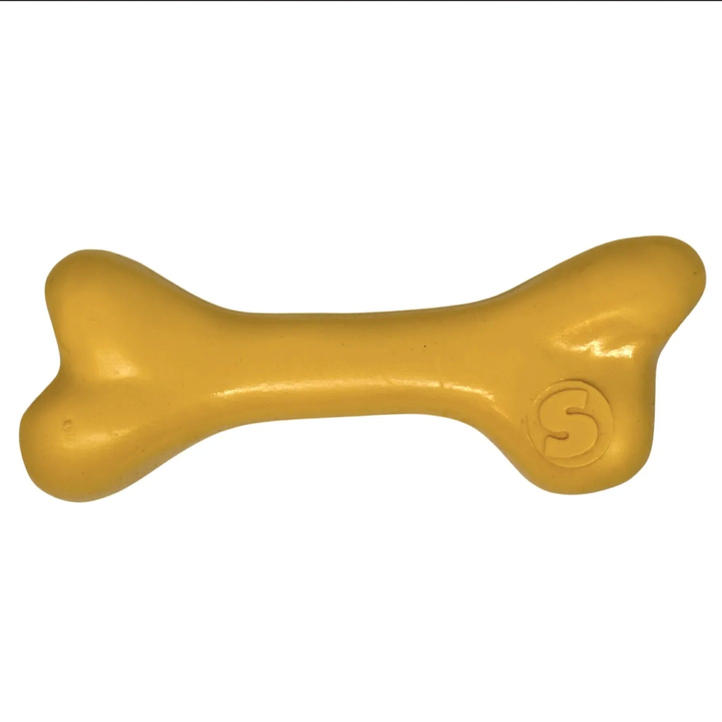 PUP-X Rubber Bone Dog Toy by SodaPup, large yellow chew toy for dogs, durable and floats, perfect for outdoor play.