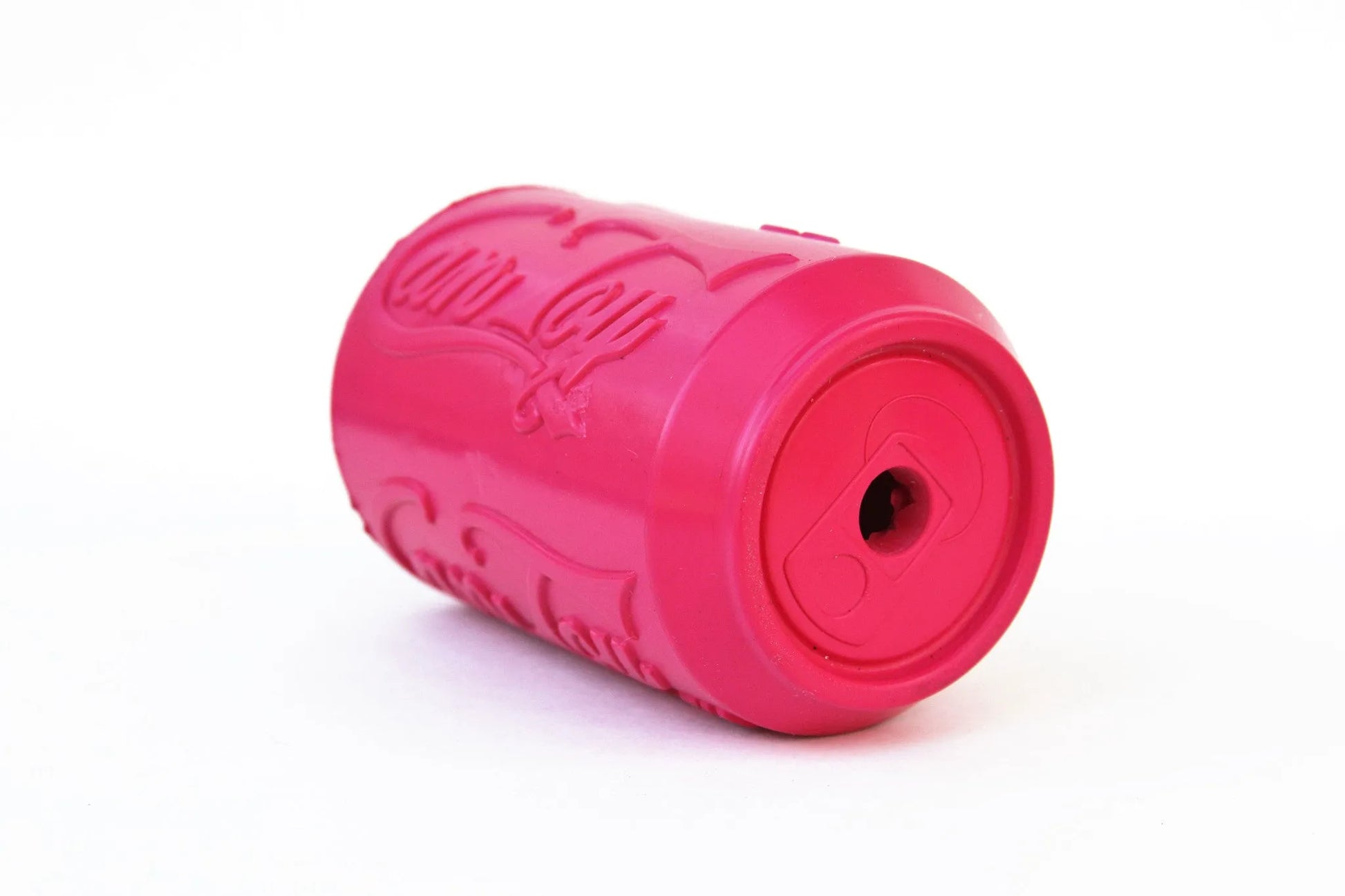 Small pink Puppy Can Toy rubber chew toy for teething puppies by SodaPup, featuring a treat dispenser design.