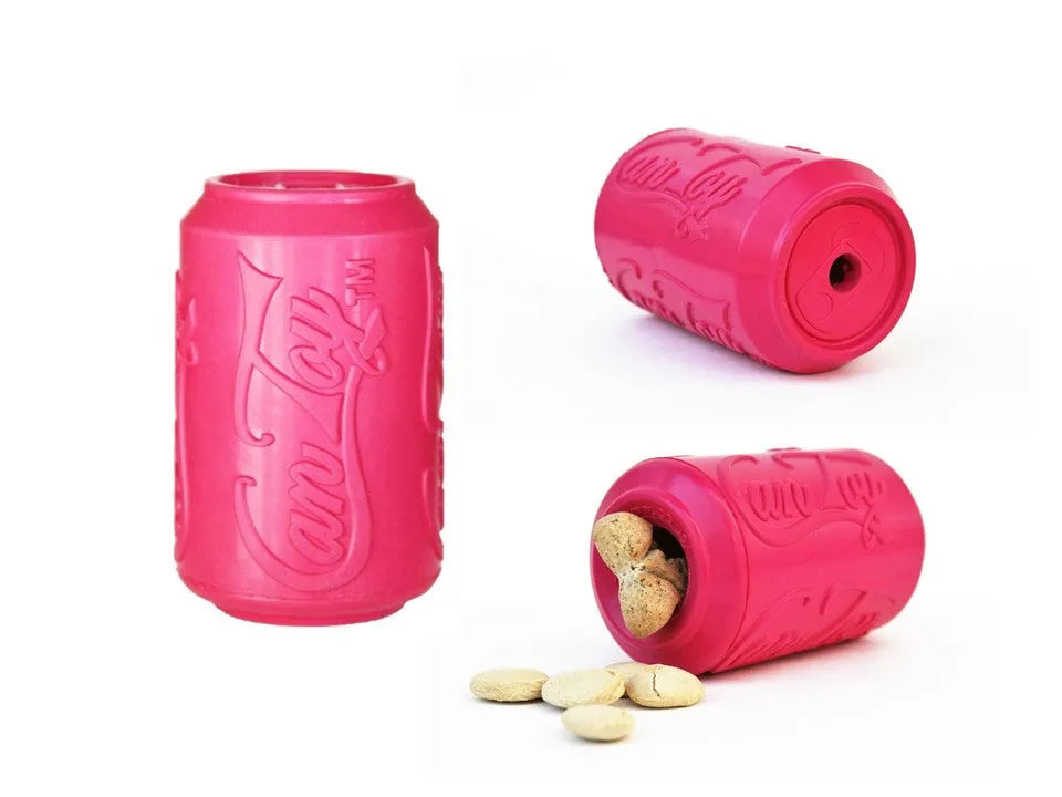 Small pink Puppy Can Toy rubber chew toy for teething puppies by SodaPup, featuring a treat dispenser design.
