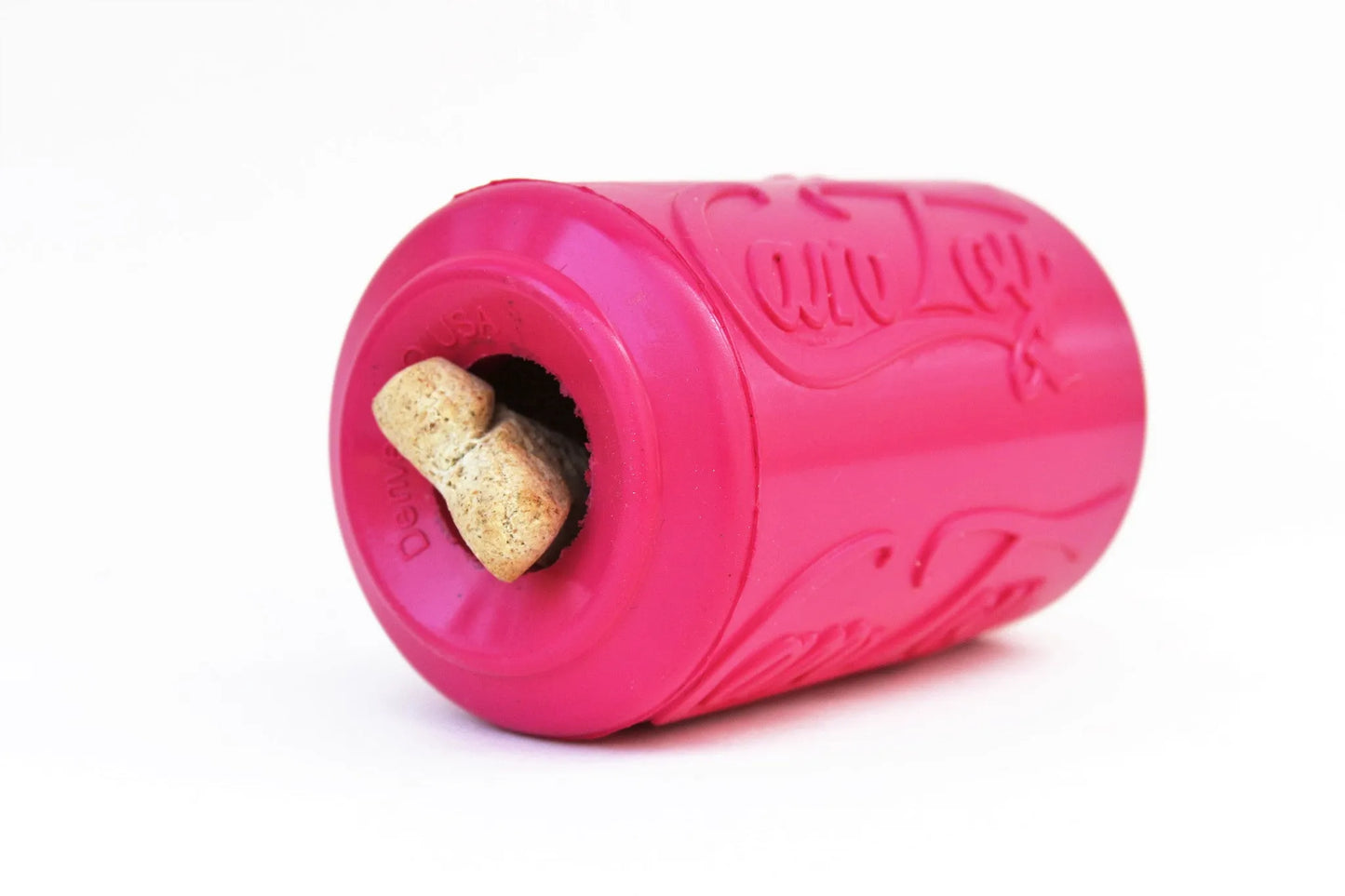 Pink Puppy Can Toy Rubber Chew Toy for teething puppies by SodaPup, small size, treat dispenser, perfect for playful dogs.