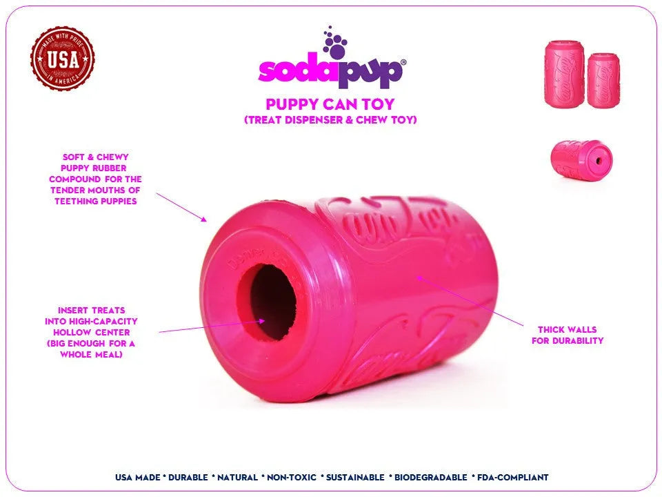 Pink Puppy Can Toy Rubber Chew Toy for teething puppies by SodaPup, small size, treat dispenser, USA made, perfect for dogs.