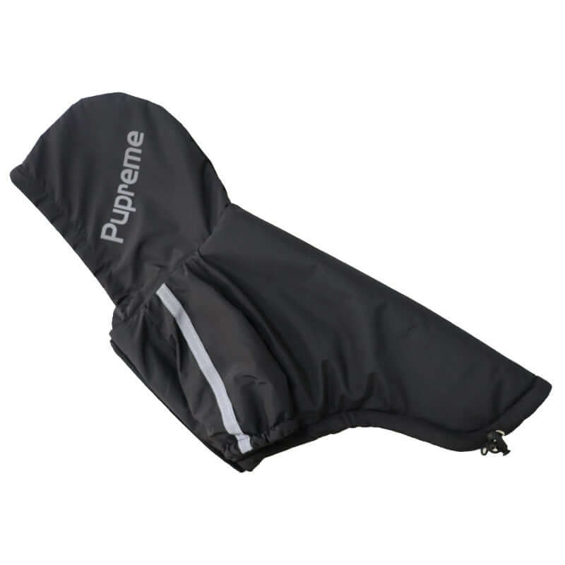 The Wild Paw waterproof dog jacket in black with a hood for wet weather protection