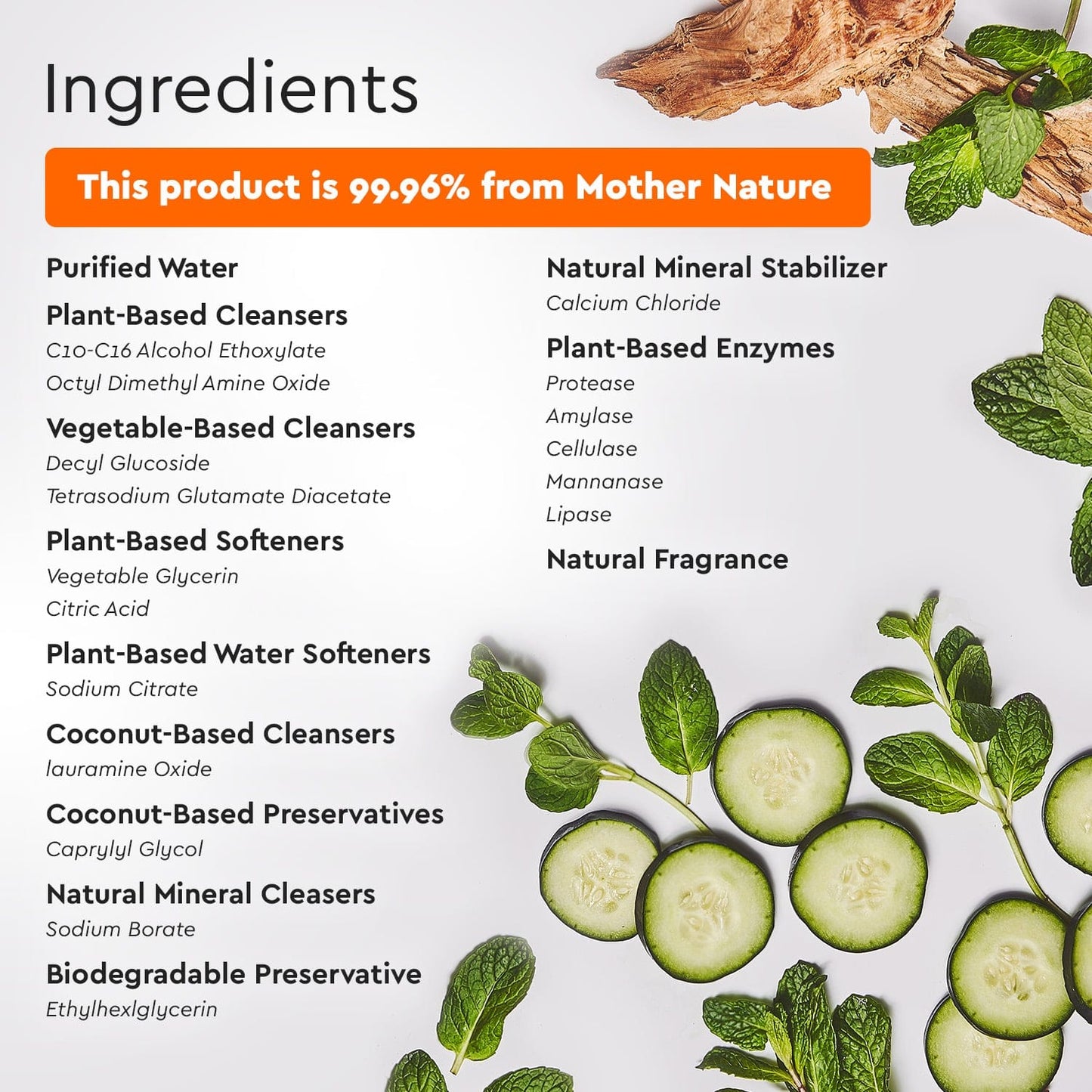 Puracy natural pet odor eliminator spray ingredients list featuring natural cleansing components