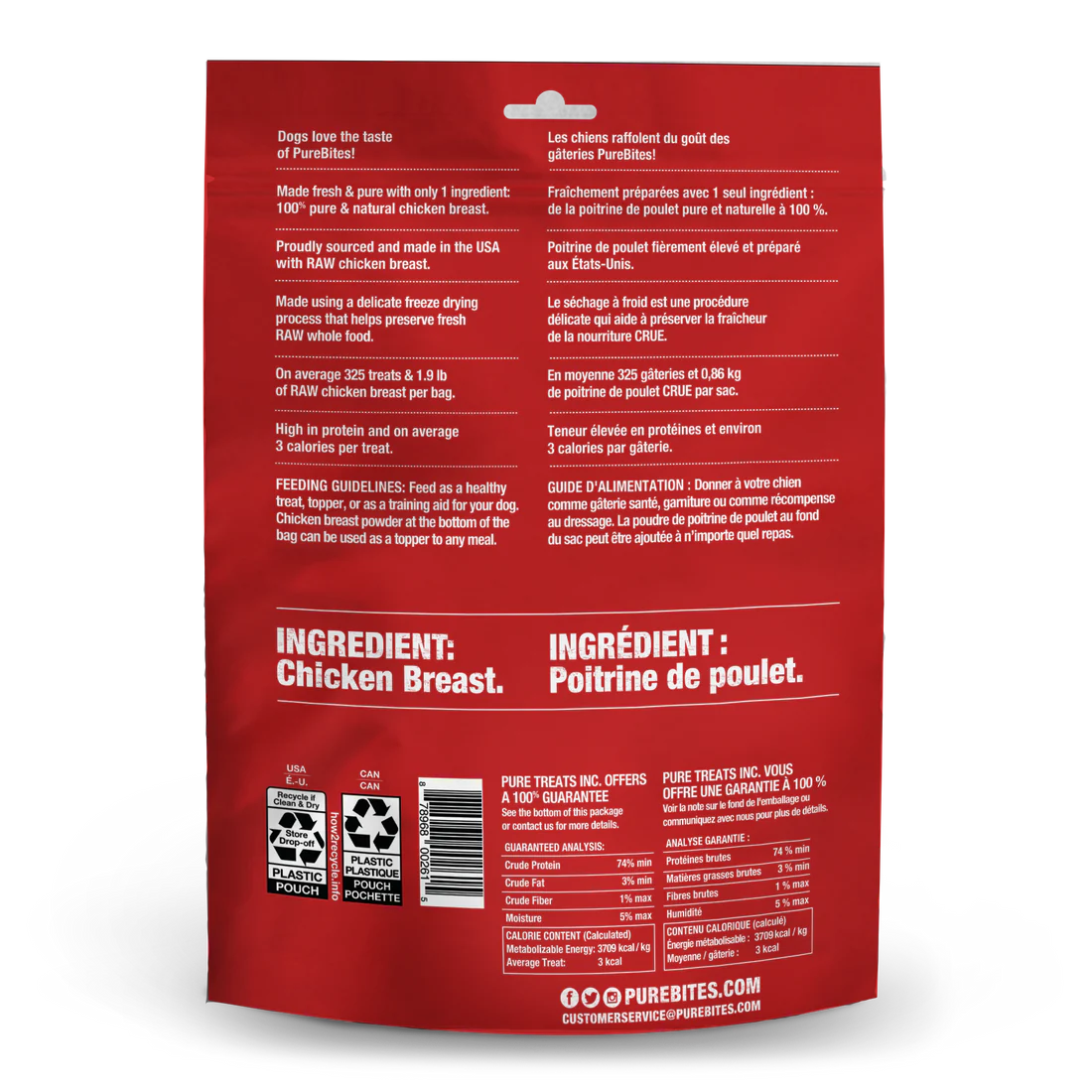 PureBites Freeze Dried Chicken Dog Treats packaging featuring chicken breast ingredients for dogs