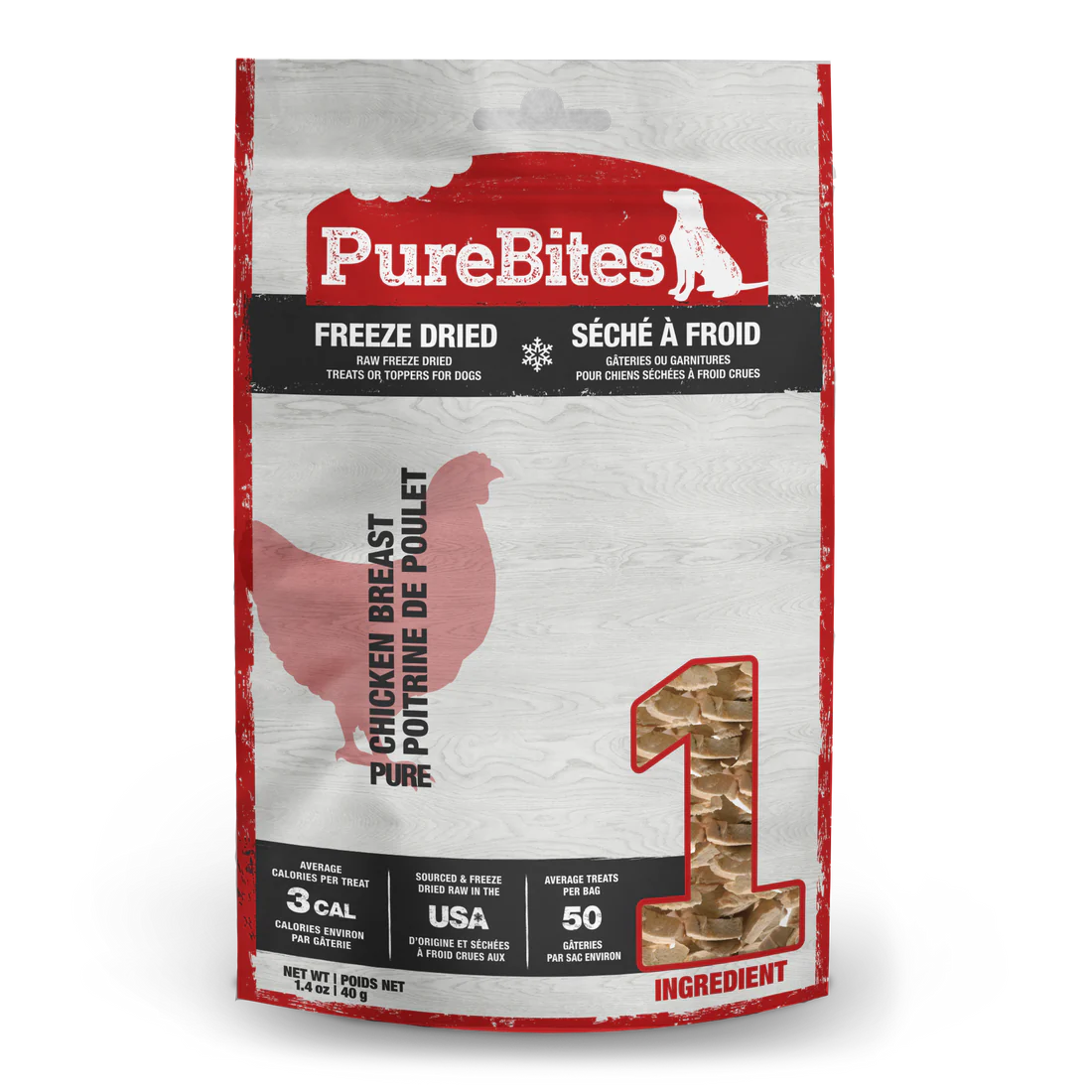 PureBites freeze dried chicken dog treats with single ingredient and low calories for healthy snacking