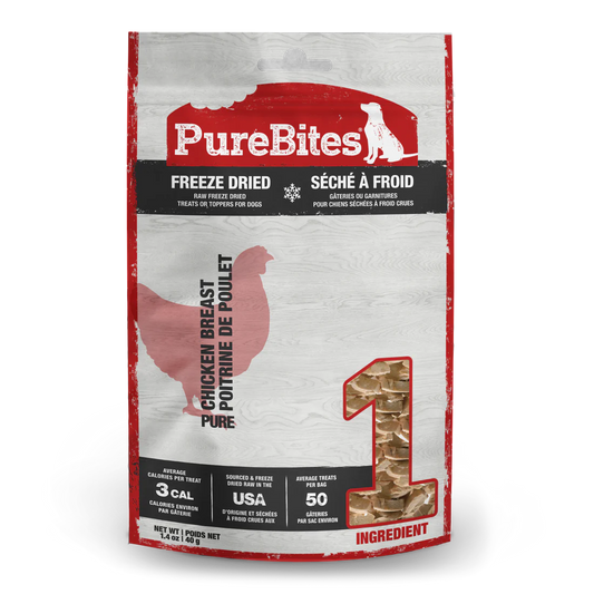 PureBites freeze dried chicken dog treats with single ingredient and low calories for healthy snacking
