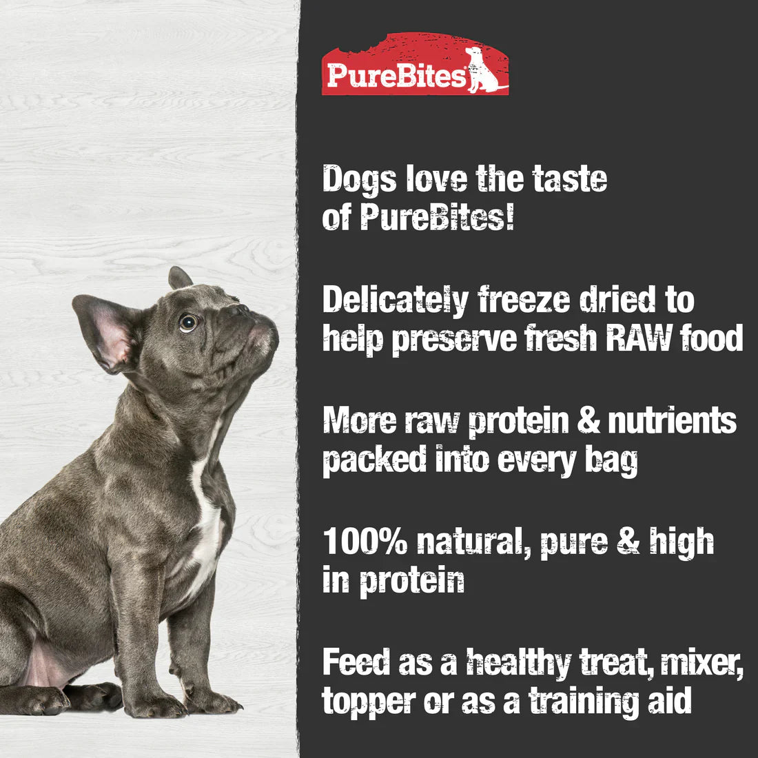 PureBites freeze dried chicken dog treats in a bag with a French Bulldog showcasing the flavor appeal