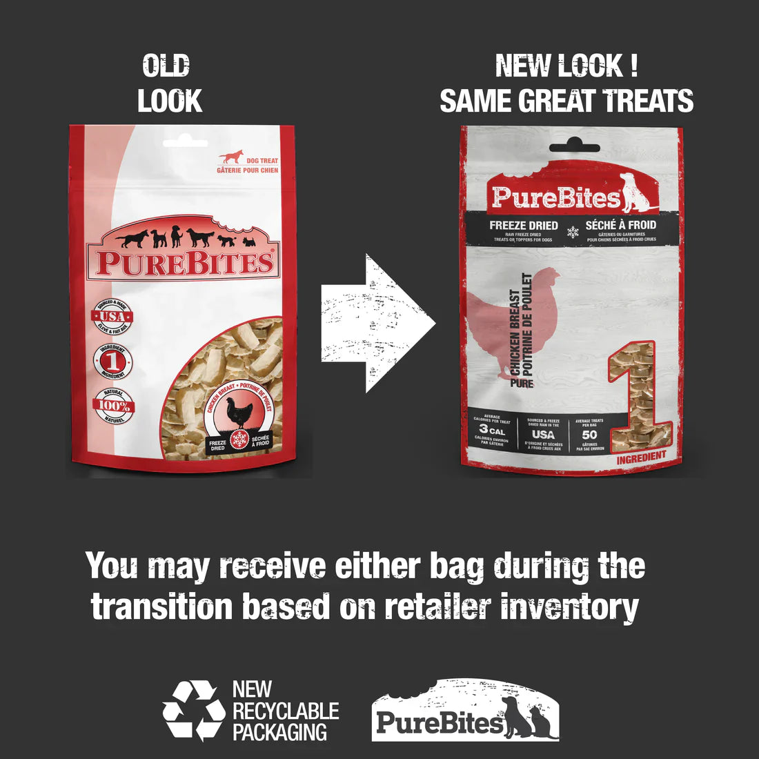 PureBites freeze dried chicken dog treats in recyclable packaging for healthy pet snacks
