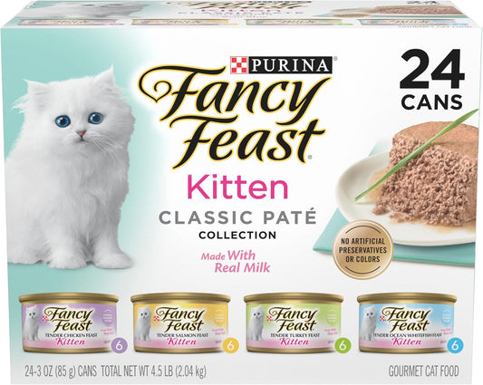 Fancy Feast kitten food variety pack with 24 cans of gourmet classic pâté made with real milk