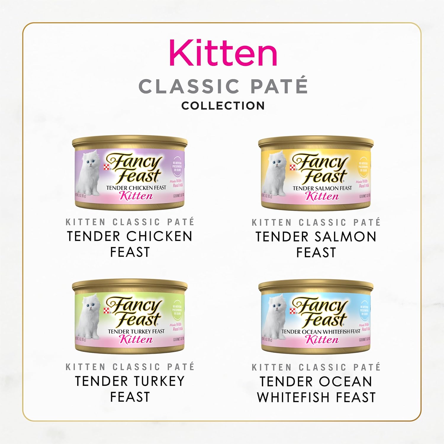 Fancy Feast kitten food variety pack with four flavors: Tender Chicken, Salmon, Turkey, and Ocean Whitefish Feast