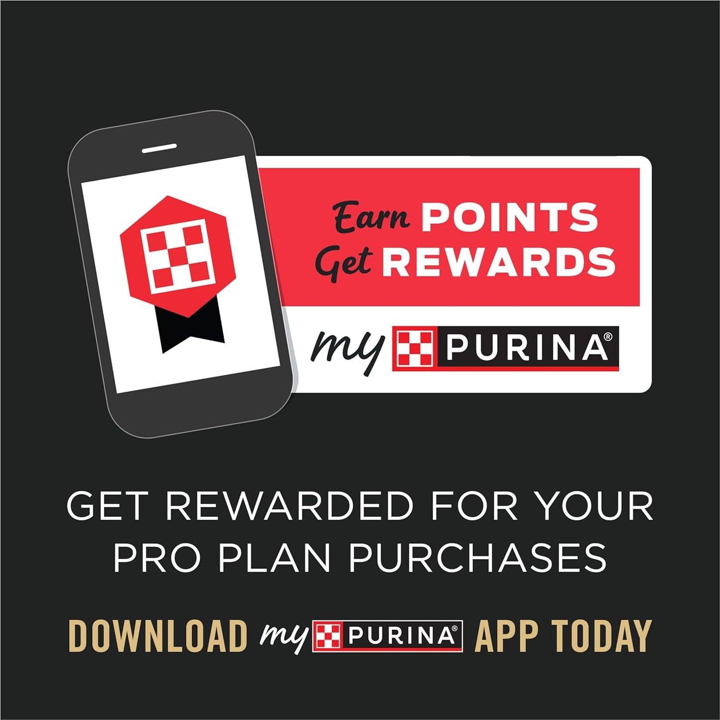 Purina Pro Plan dog food promotional image for rewards program featuring mobile app download