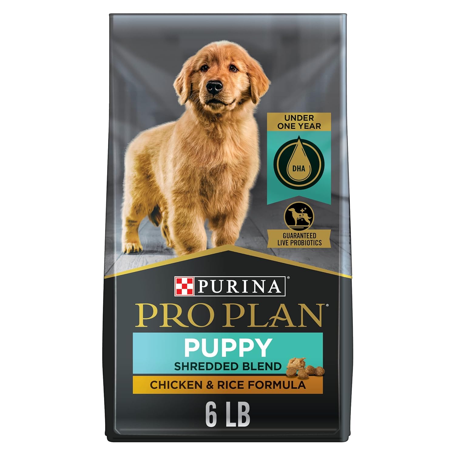 Purina Pro Plan puppy food chicken and rice in 6 lb bag featuring a fluffy golden retriever puppy