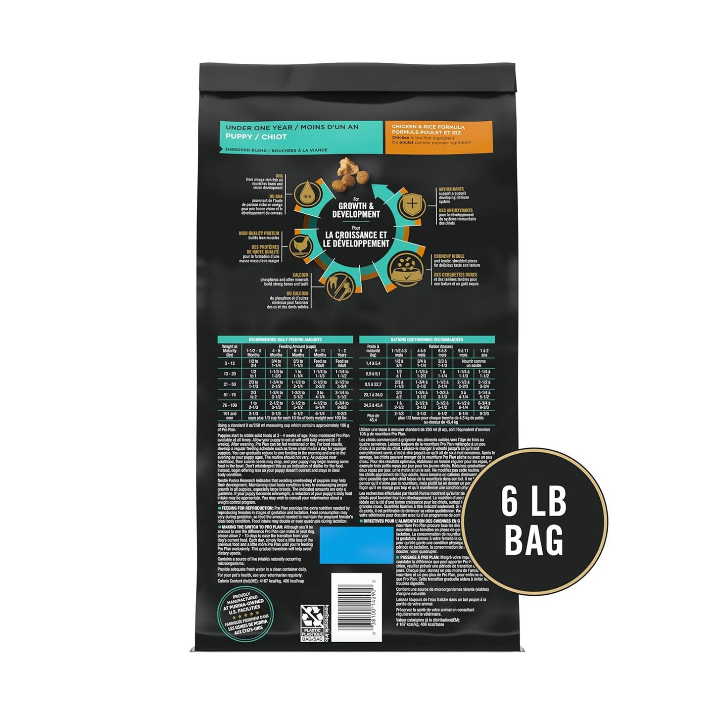 Purina Pro Plan puppy food chicken and rice in a 6 lb bag designed for puppy growth and development