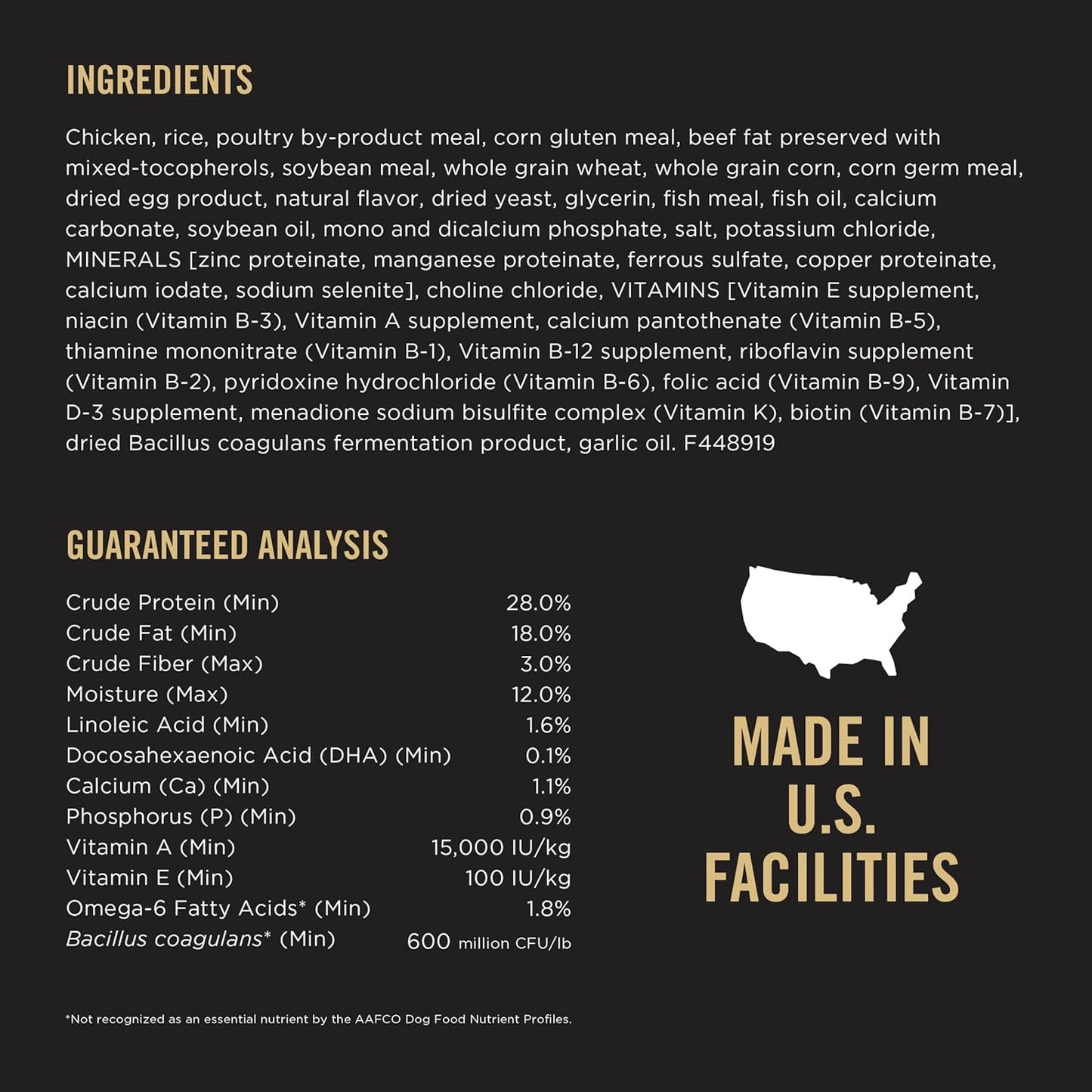 Purina Pro Plan puppy food chicken and rice ingredients and guaranteed analysis for optimal nutrition