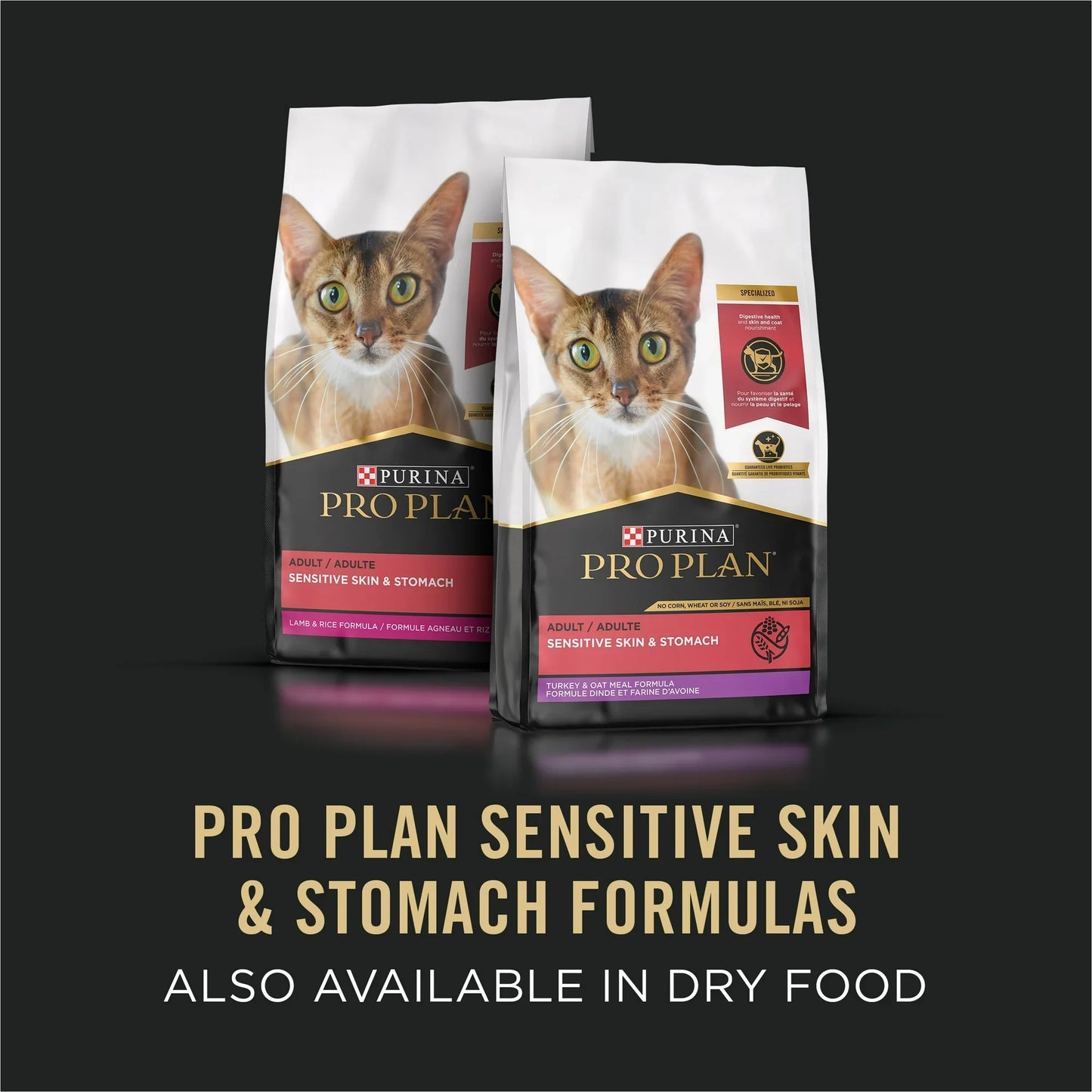 Purina Pro Plan Sensitive Skin and Stomach Cat Food Bags with a Cat Image on Packaging