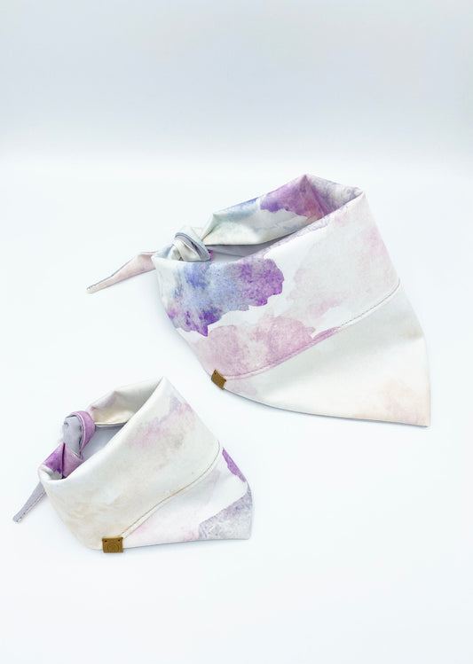 Purple watercolor pet bandana in two sizes featuring a stylish and artistic design