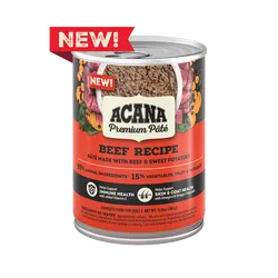 Purrfect Pet Kingdom Acana Beef Pate Wet Dog Food 12.8oz can, ideal for dogs, showcasing a rich beef color and brand logo.