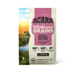 Purrfect Pet Kingdom Acana Grains Small Breed Dog food, 4lb bag, ideal for small dogs, priced at $19.99.
