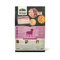 Acana Grains Small Breed Dog food in a 4lb bag by Purrfect Pet Kingdom, perfect for small dogs, priced at $19.99.