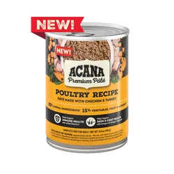 Purrfect Pet Kingdom Acana Poultry Pate Wet Dog Food, 12 cans, vibrant packaging, ideal for nourishing dogs.