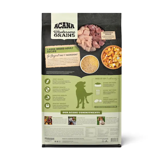 Purrfect Pet Kingdom Acana Wholesome Grains Large Dry pet food, suitable for cats and dogs, 76.99 size, in a vibrant bag.