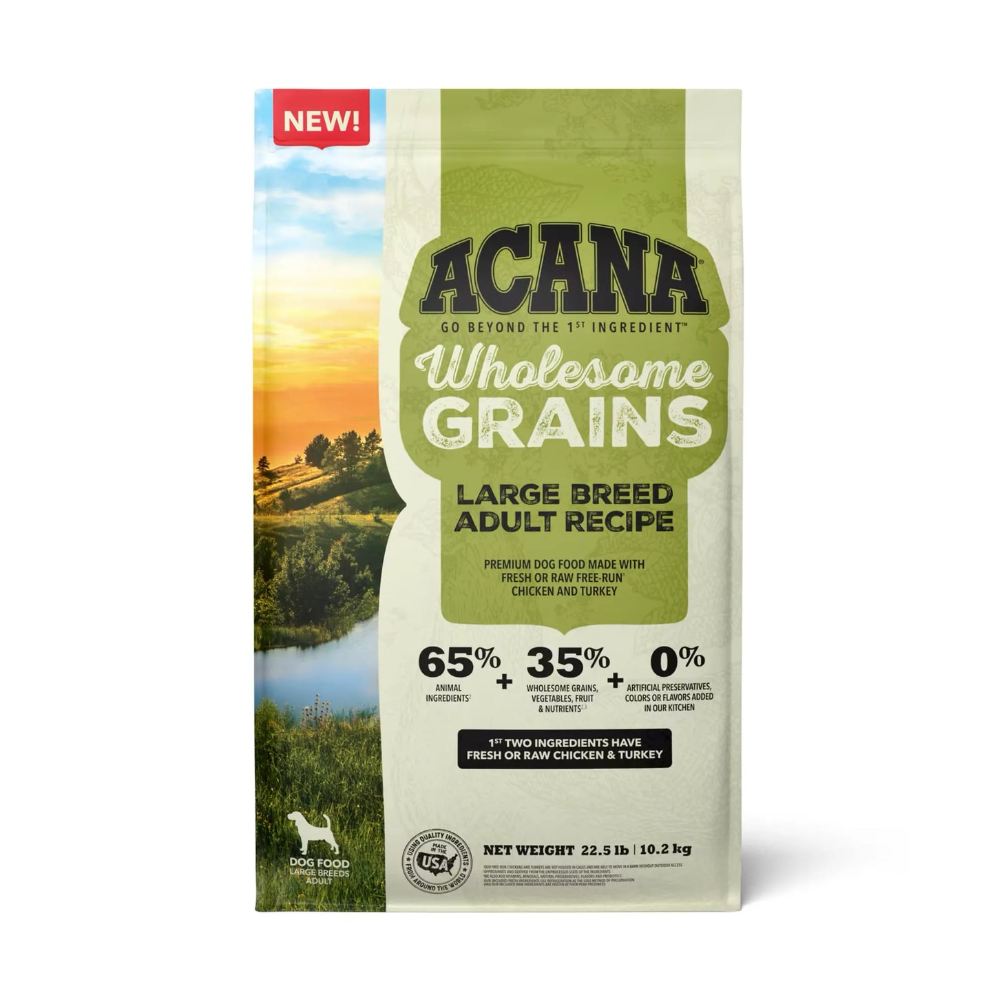 Purrfect Pet Kingdom Acana Wholesome Grains Large Dry pet food, suitable for cats and dogs, 76.99 size, in a vibrant bag.