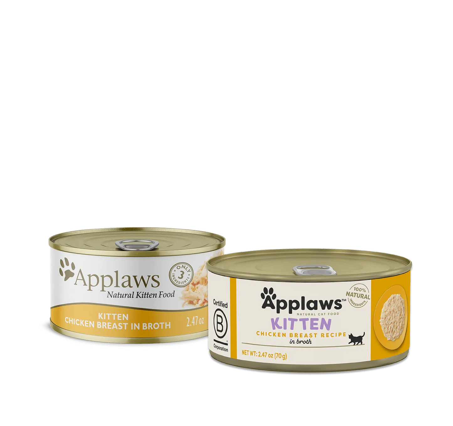 Purrfect Pet Kingdom Applaws Kitten Chicken Wet Cat Food, 2.19 oz, featuring a colorful packaging design for pets.