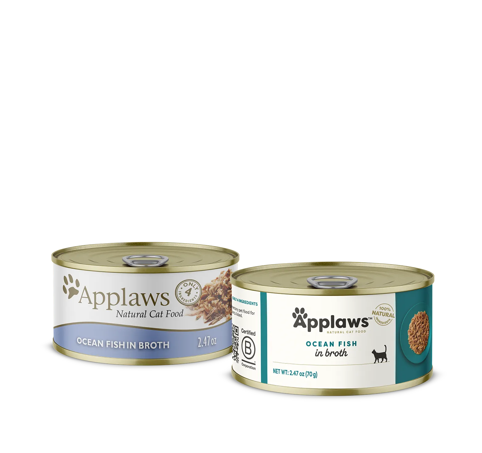 Purrfect Pet Kingdom Applaws Ocean Fish Wet Cat Food, 2.19 oz can, featuring a colorful ocean fish design, perfect for cats.