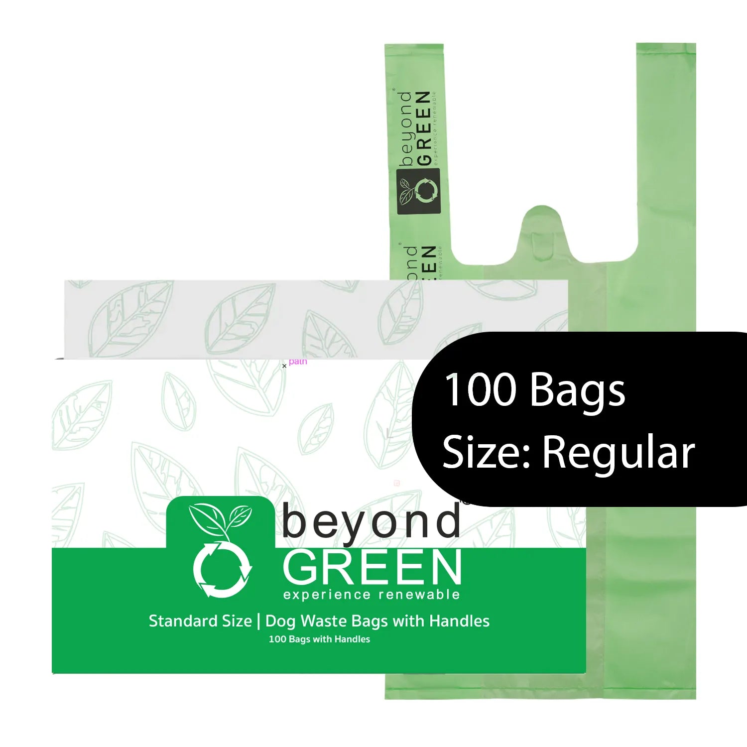 Purrfect Pet Kingdom beyondGREEN Tie Handle Bags in green, 100ct pack, ideal for dog waste disposal.