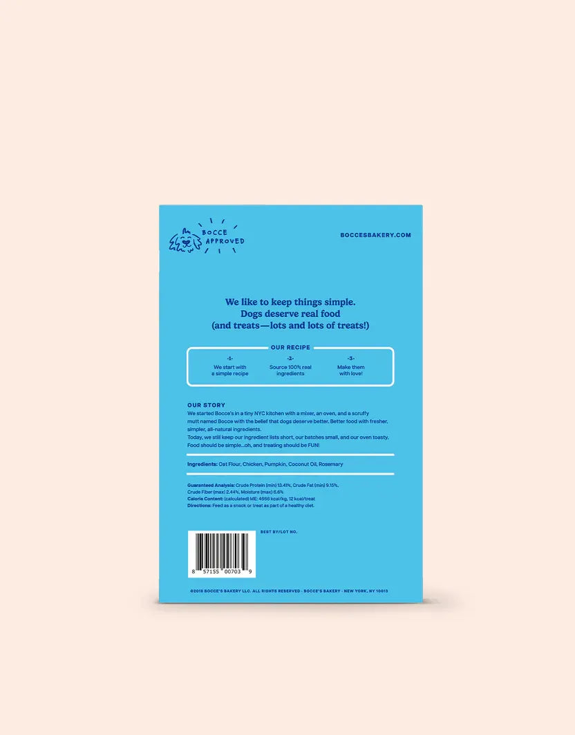 Purrfect Pet Kingdom Bocce's Chicken Pumpkin Biscuits for dogs and cats, 9.99, featuring a colorful packaging design.