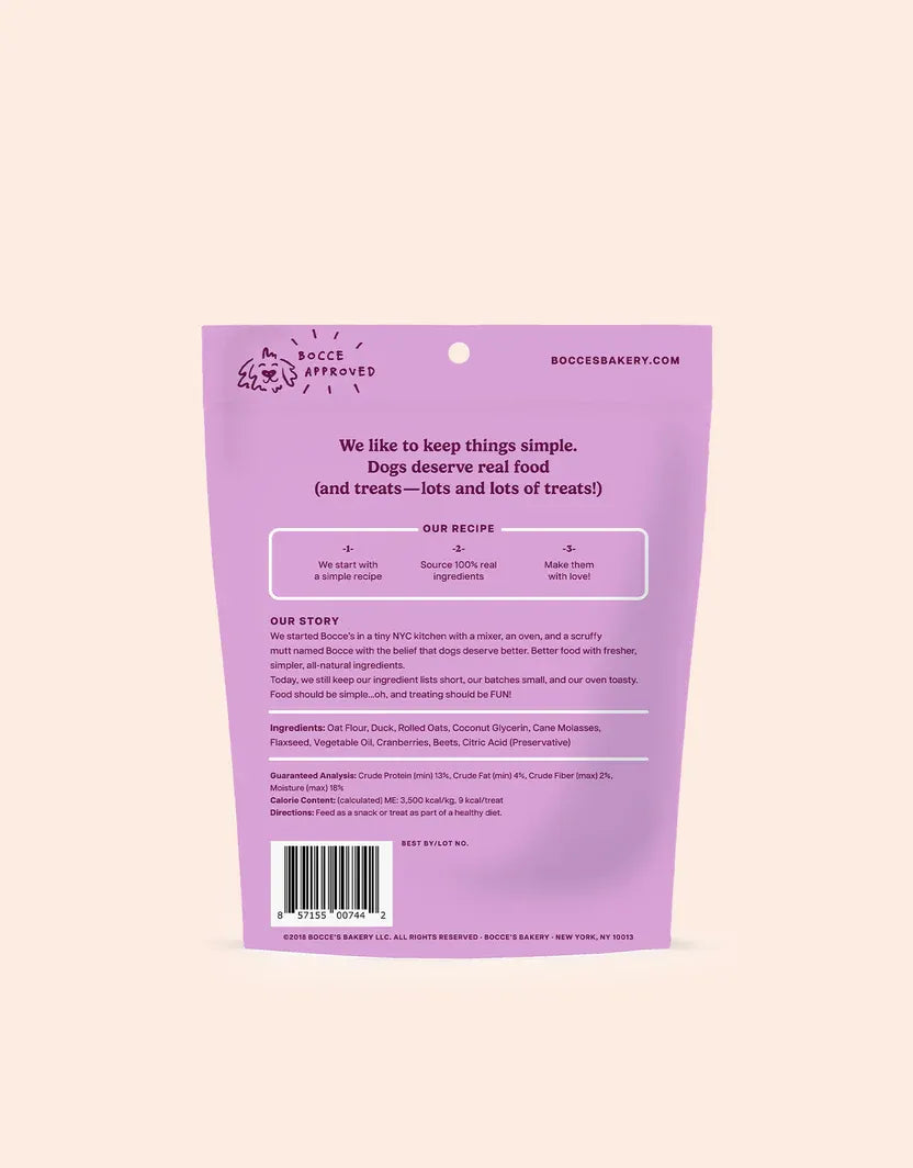 Purrfect Pet Kingdom Bocce's Duck Soft And Chewy Treats in a colorful package, ideal for cats and dogs, priced at $7.99.