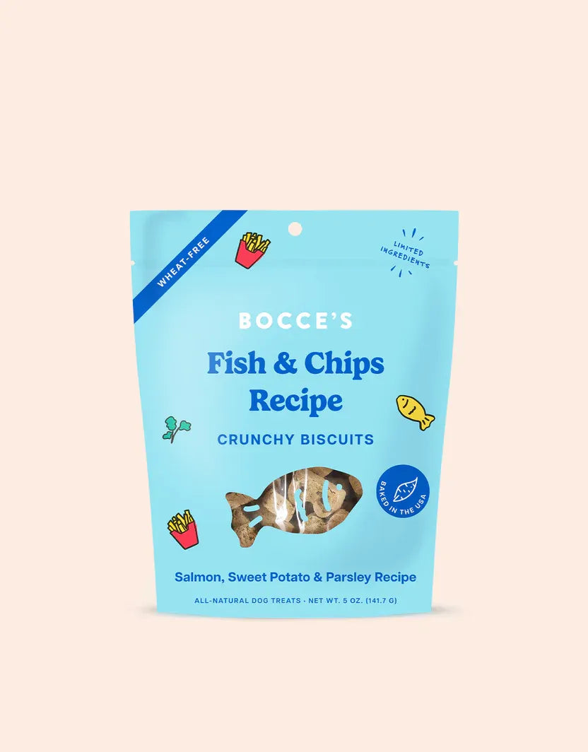 Purrfect Pet Kingdom Bocce's Fish And Chip Dog Biscuits in a vibrant packaging, perfect treats for dogs and cats, priced a...