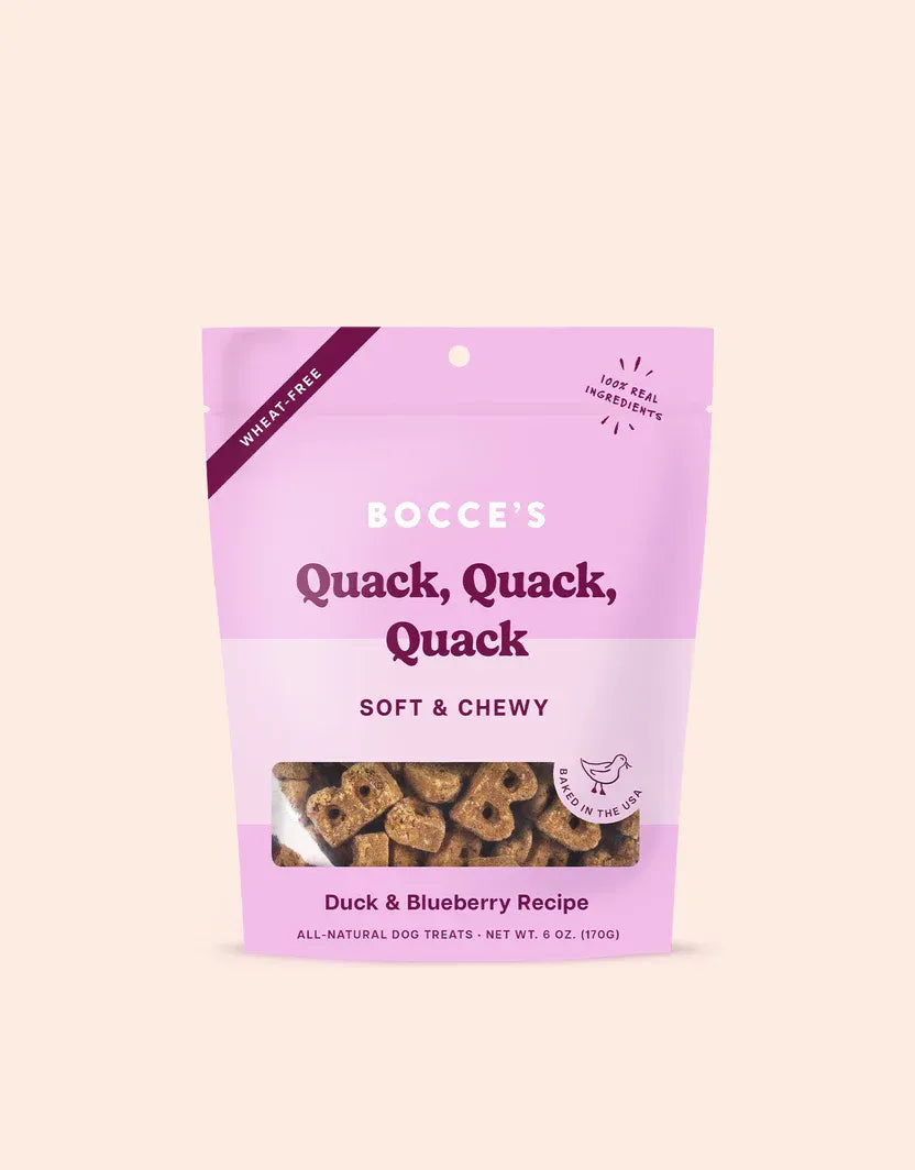 Purrfect Pet Kingdom Bocce's Quack Quack Soft Treats in a colorful packaging, perfect dog treats for your furry friend, 7.99.