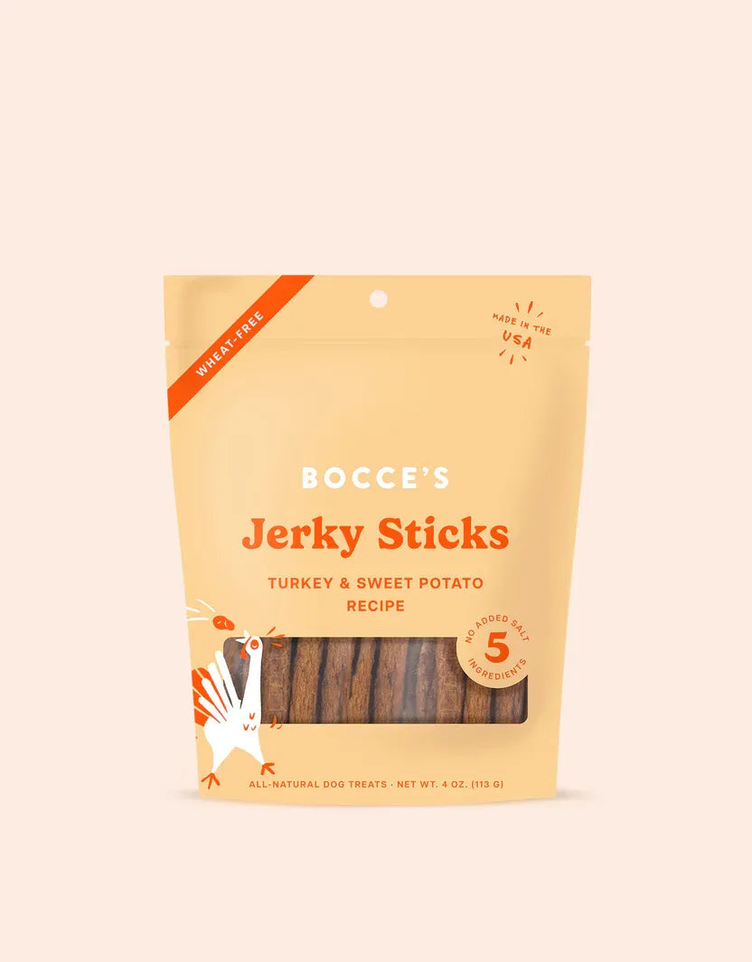 Purrfect Pet Kingdom Bocce's Turkey Potato Jerky Stick treat for cats and dogs, 10.99, showcasing a savory brown stick.