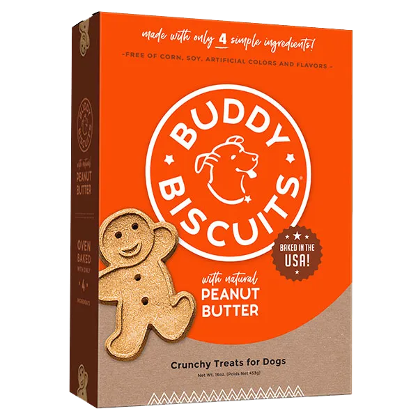 Purrfect Pet Kingdom Buddy Biscuits Peanut Butter Dog treats in a 16oz bag, perfect for dogs and cats, featuring a playful...
