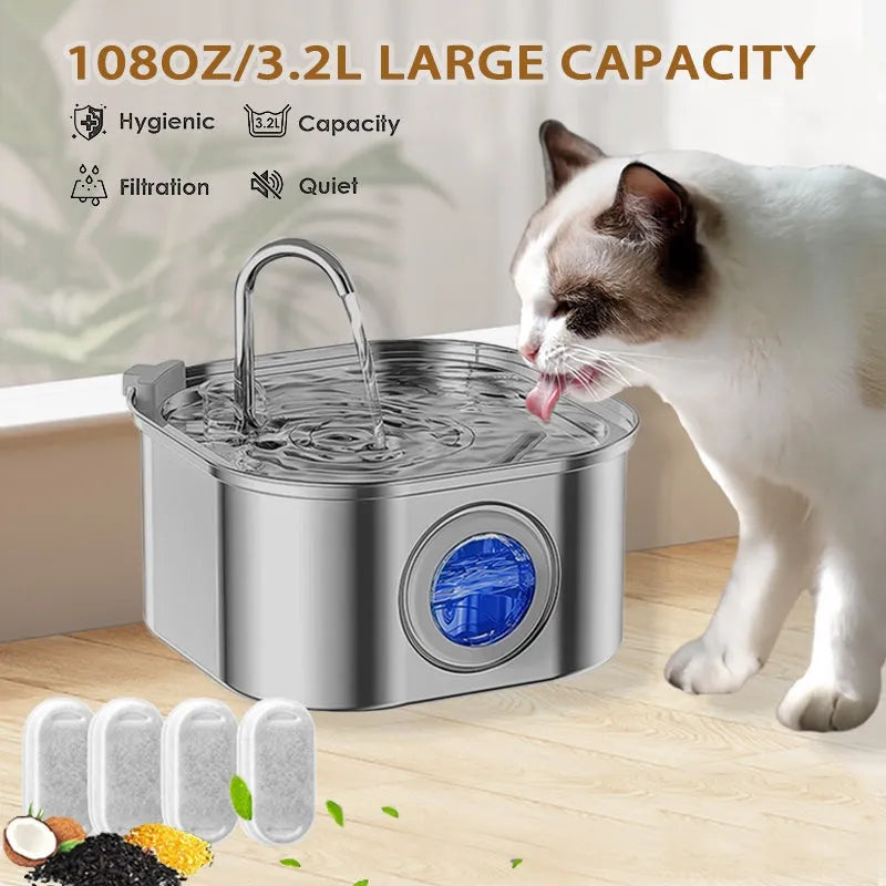 Purrfect Pet Kingdom - Cat Water Fountain Stainless Steel,108oz 3.2L Cat Fountain F - Water Fountains
