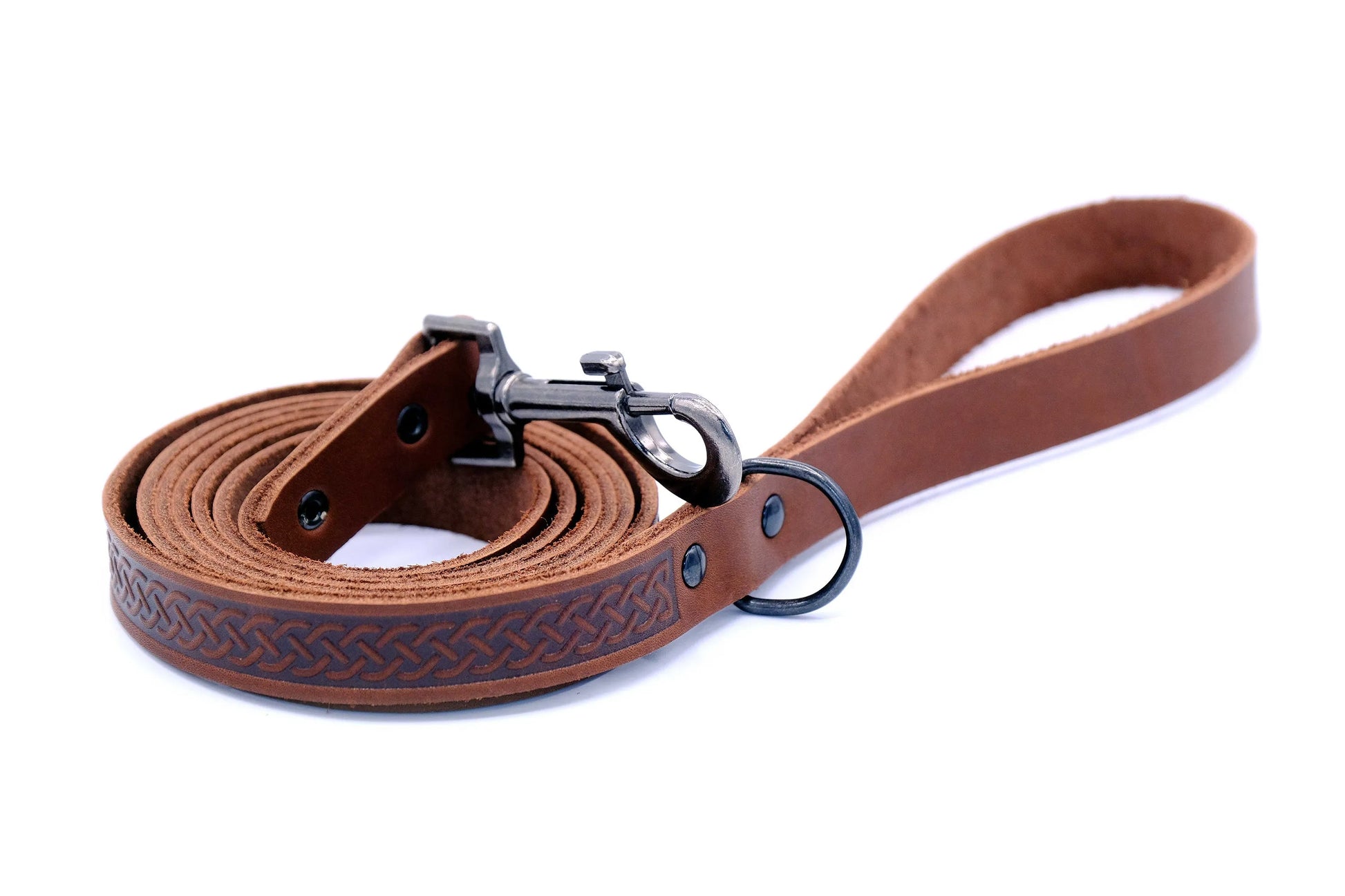 Chocolate leather dog leash from Purrfect Pet Kingdom, featuring a Celtic design, perfect for hunting dogs. Priced at $35.99.